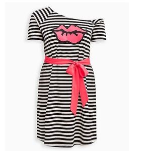 TORRID BETSEY JOHNSON OFF SHOULDER DRESS - FRENCH TERRY LIP BLACK & WHITE STRIPE